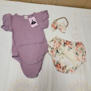 Infant 3 pc Outfit 12 Mths (80 cm) One Piece Ruffled Headband Bow Purple Floral